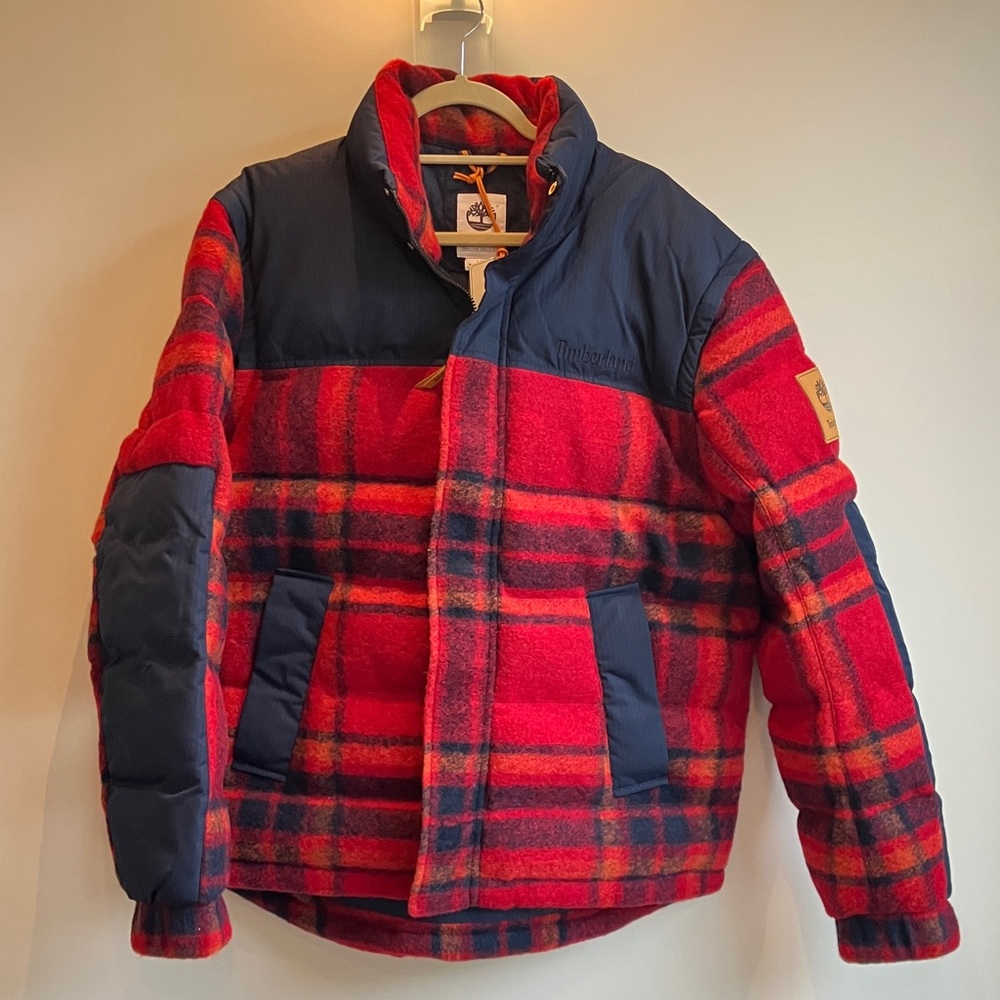 TIMBERLAND Mix-Media Red/Blue Colorblock Plaid Hooded Puffer Jacket Men’s L NWT